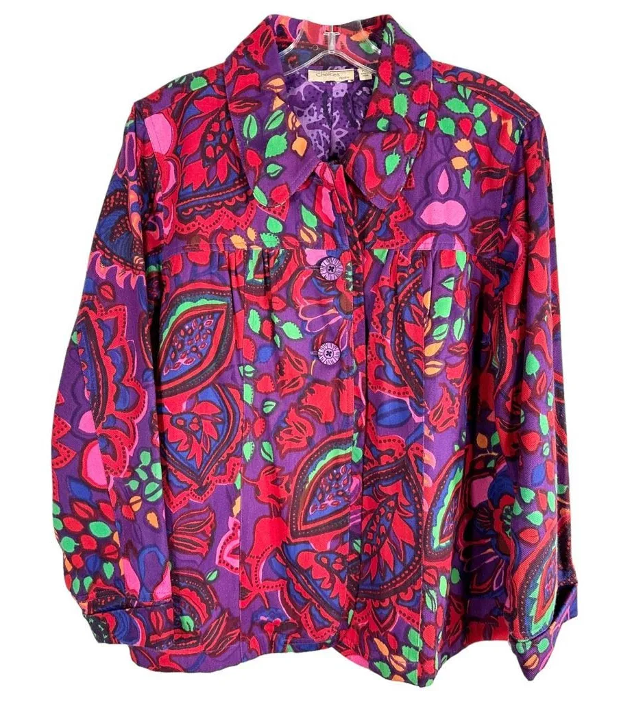 Choices XLP Jacket Purple Red Paisley Floral Denim Button Down Cotton Lined 287 Size undefined - Image 1