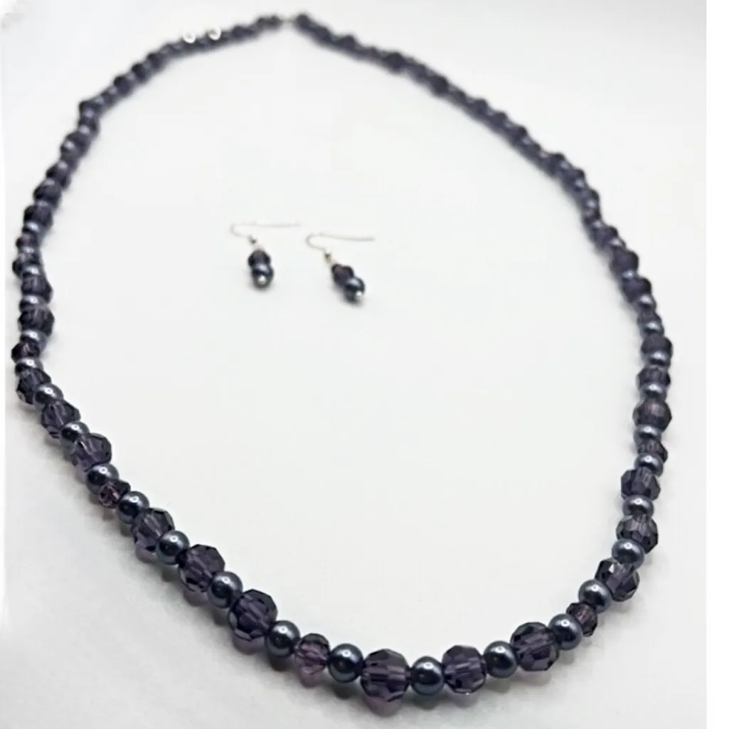 Beaded Necklace Earrings Set Faceted Glass Beads Faux Pearls Formal Elegant Gift Purple - Image 6