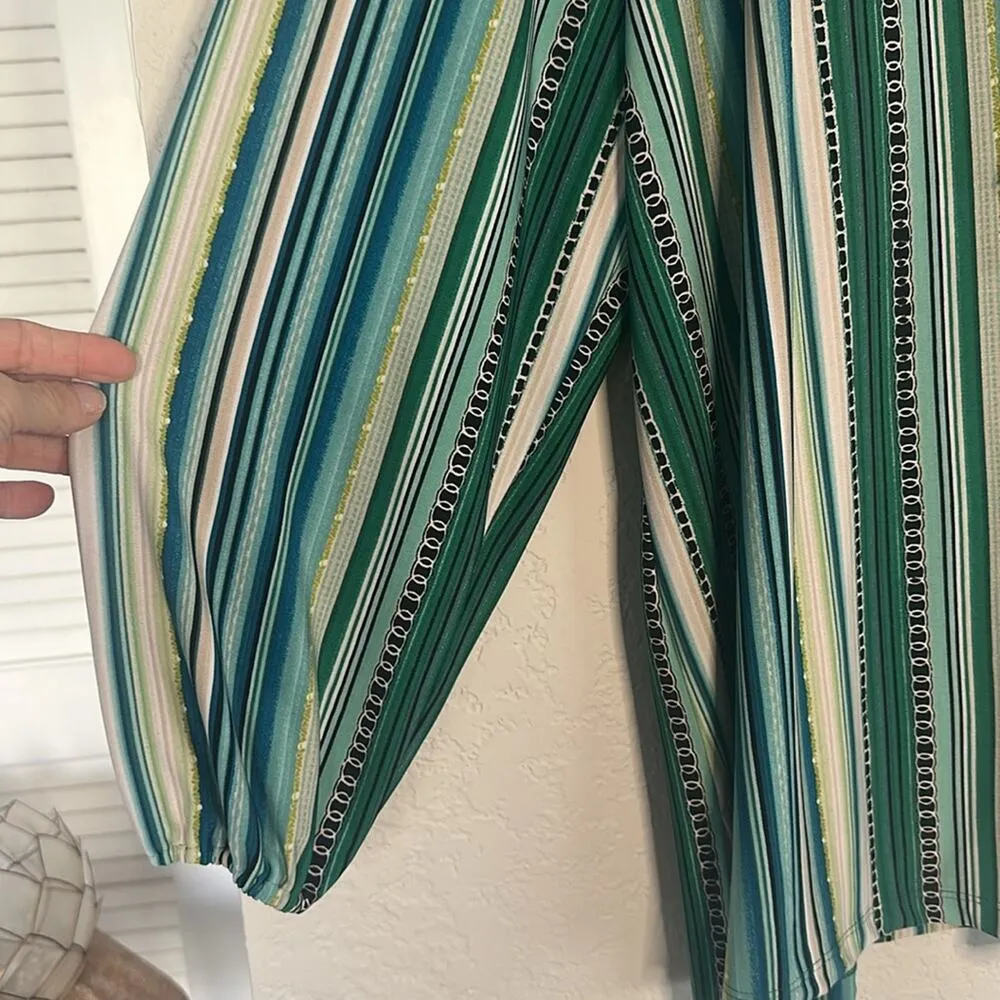 Susan Graver Liquid Knit Green Boho Stripe Print Resortwear Long Sleeve Size 3X - Image 3