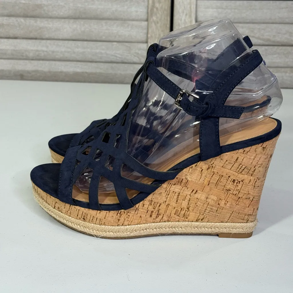 LIMELIGHT "Sonia" Strappy Wedge Cork Sandals Navy Blue-9 - Image 2