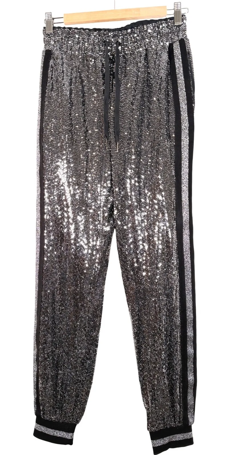 PAM & GELA Mirror Ball Sequin Jogger Pants Black Silver Drawstring Size S - Image 1