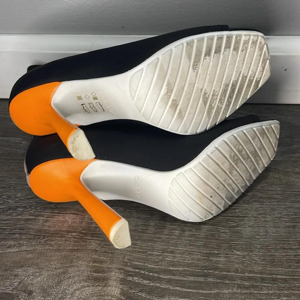 ALDO Love Planet Women's Open Toe Bootie Heel Black With Neon Orange‎ Heel Sz 8 - Image 3