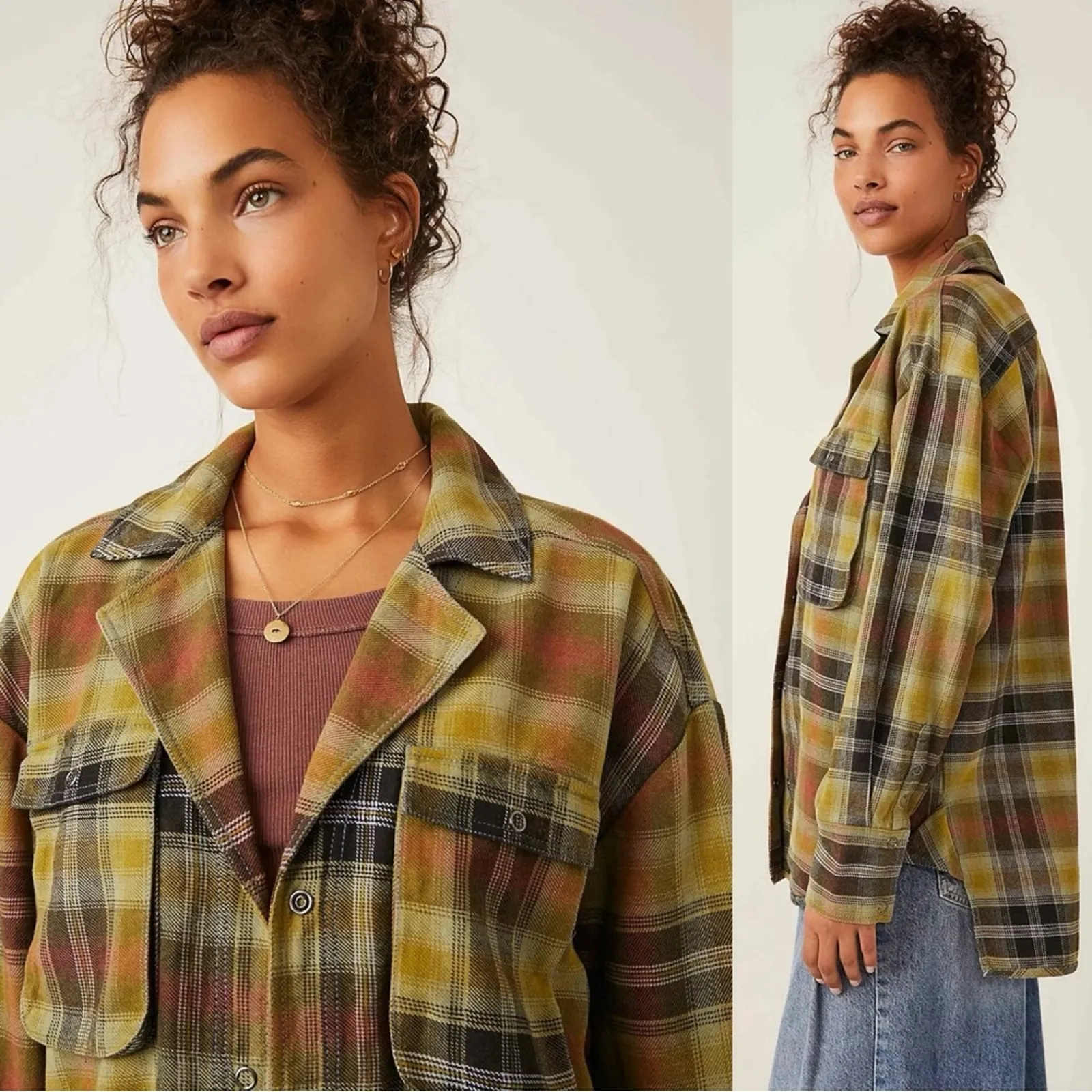 Free People Grunge 90s Flannel Plaid Izzie Cargo Shirt Jacket Shacket Medium - Image 7