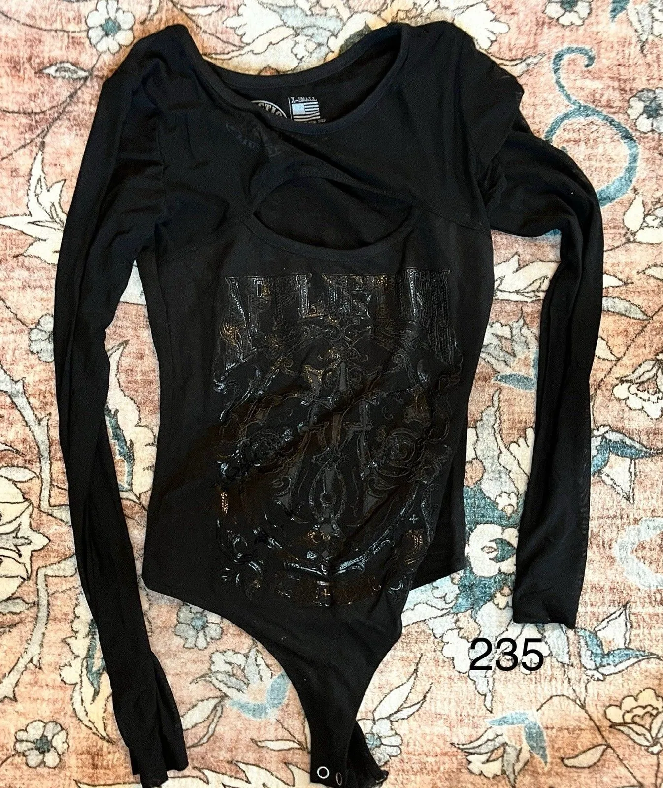 Affliction Live Fast Women’s Bodysuit Size XS Sheer Mesh Low Cut Black Moto - Image 1