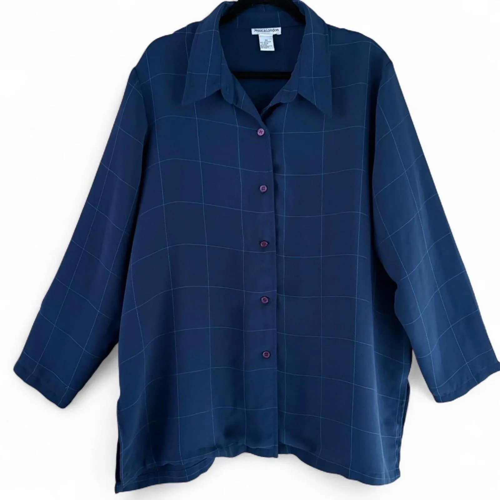 Jessica London Navy Subtle Windowpane Plaid Button Up Shirt 2X, Loose Fit - Image 1