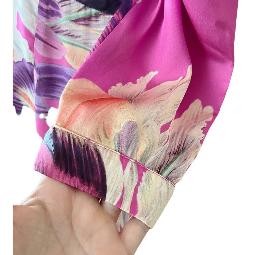 PATBO Grace Floral Dress Satin Puff Sleeve Midi Button Down Influencer US 6 Pink - Image 10