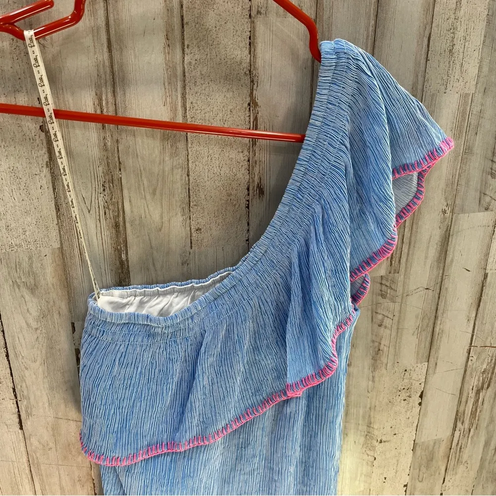 Lilly Pulitzer Emmeline Dress Lapis Blue Summer Seersucker Mini One Shoulder - Image 4