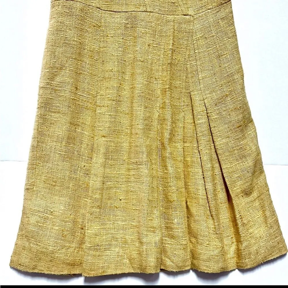 Akris Punto Silk Tweed A-Line Mustard VNeck Dress Size 6 Pleated Skirt - Image 9