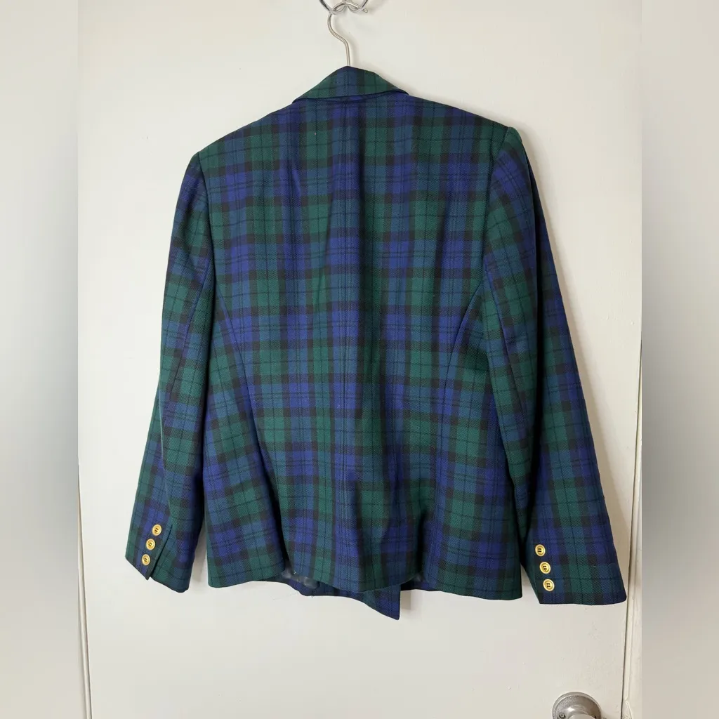 Pendleton green & blue double breasted women’s window pane plaid wool blazer 10 - Image 3
