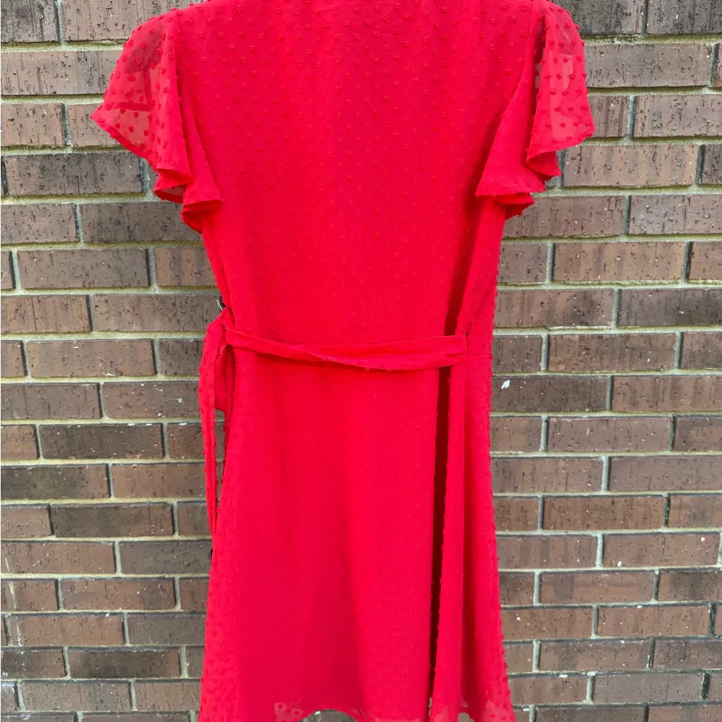 Lulus Much to Celebrate Red Swiss Dot Flutter Sleeve Wrap Mini Dress Size Small - Image 7
