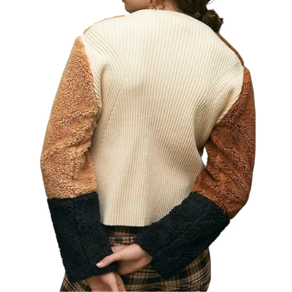 Anthropologie Colorblocked Faux Fur Teddy Jacket Sweater Cardigan XS - Image 2