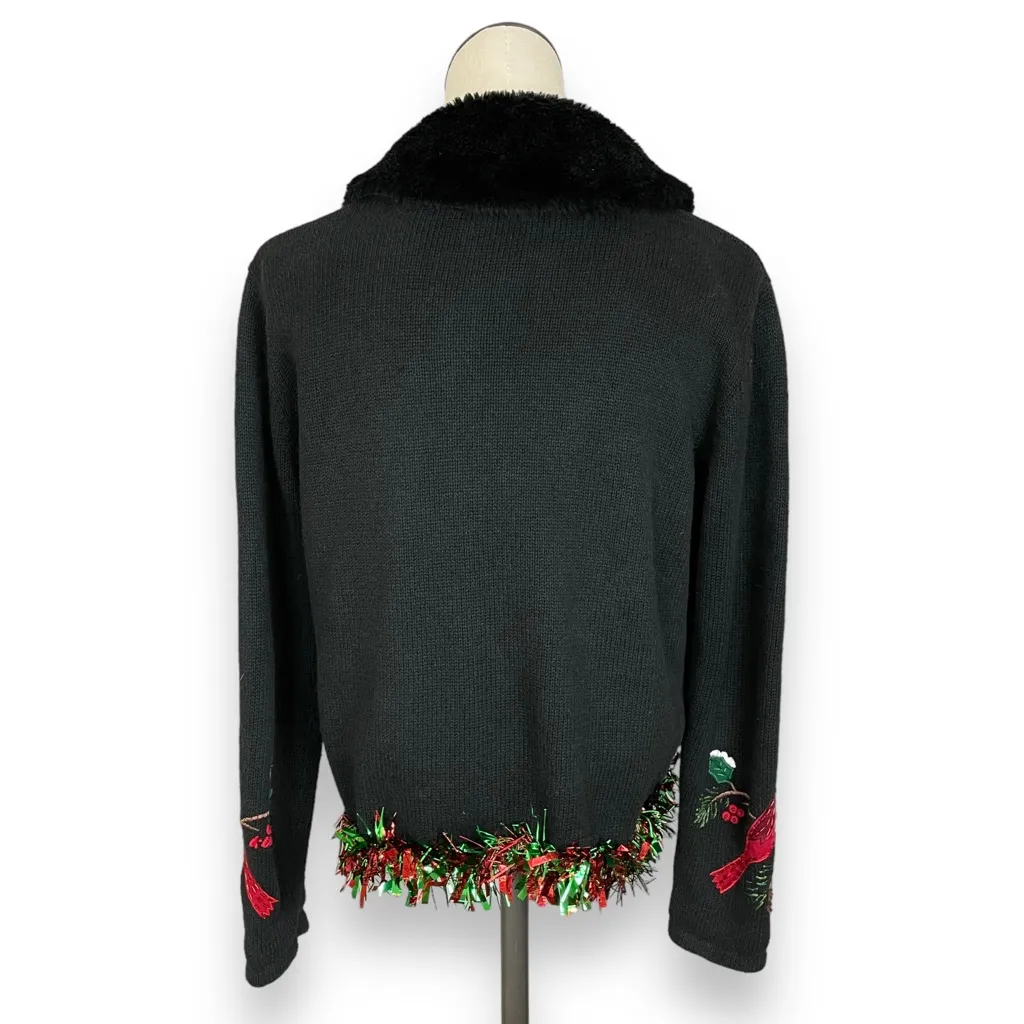 Vintage Christmas Cardigan 3D Ugly‎ Xmas Sweater Party Birds Nest Embellished Sm Black - Image 2