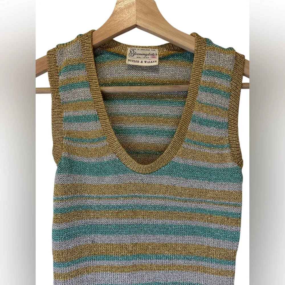 Vintage Bloomingdales BUTLER & WALKER Striped Gold and Green Knit Tank Top S - Image 2