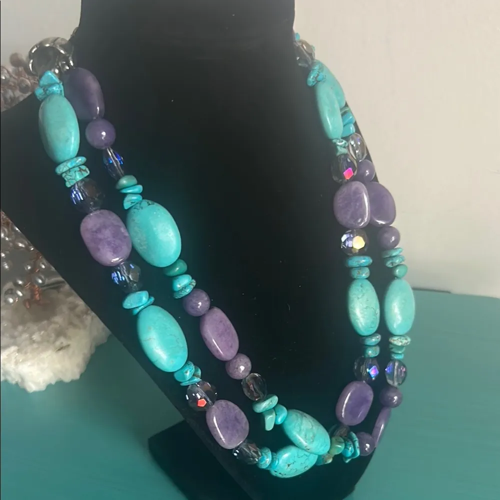 Artisan Double Layer Chunky Turquoise and Amethyst Dyed Stone Bead Necklace Blue - Image 2