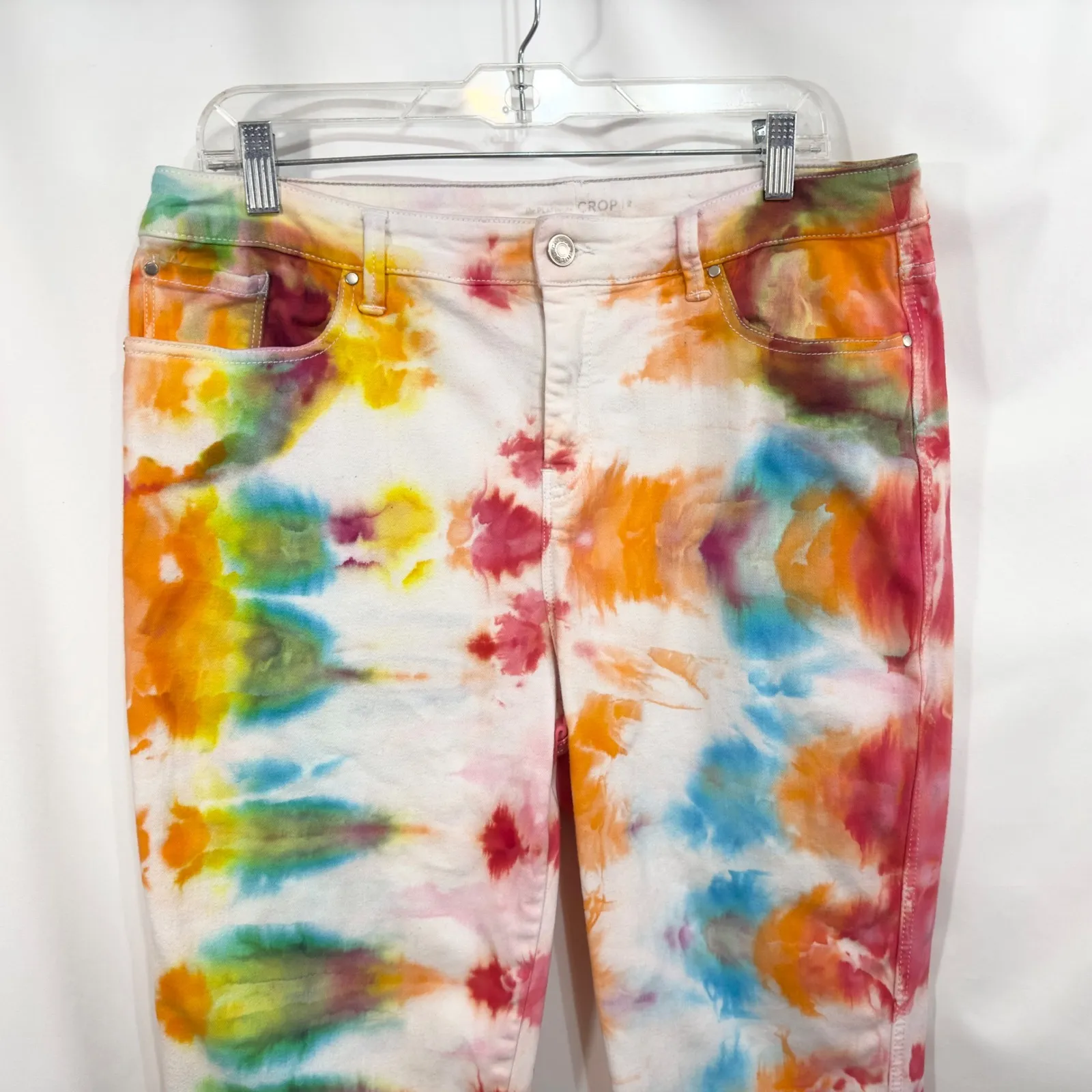 Chicos Size 12 Cropped Jeans‎ Handmade Tie Dye Denim Rainbow White High Rise 813 - Image 3