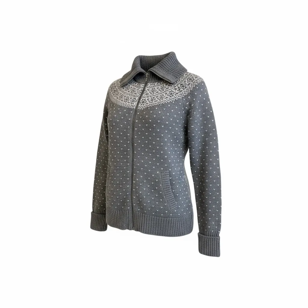 Women's Gray Fair Isle Zip Up Cardigan Sweater with Mock Neck L - Image 7