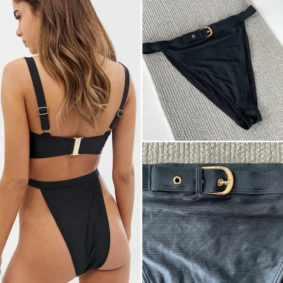 Wolf & Whistle Black Ribbed Nylon Hi French Cut Belted Bikini Bottom Size 8 - Image 2