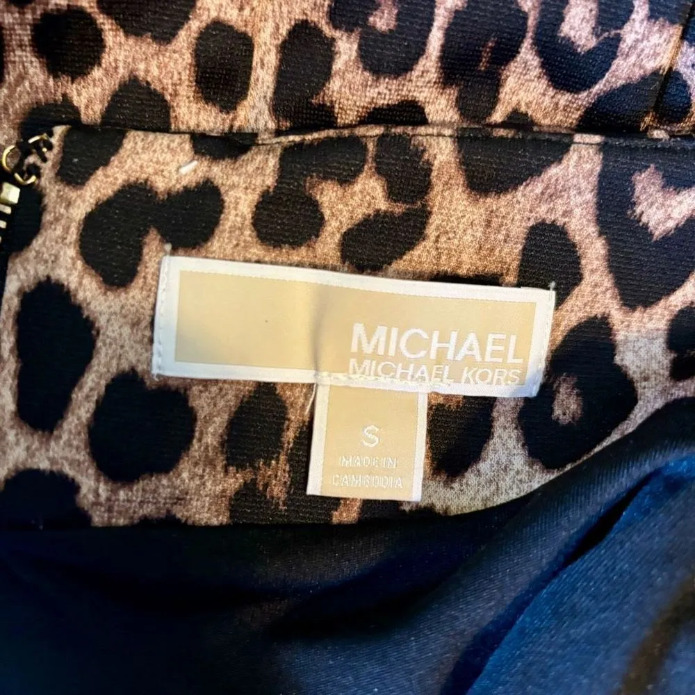 Michael Kors Cheetah Leopard Print Pencil Skirt Exposed Gold Zipper Dark Camel S - Image 6