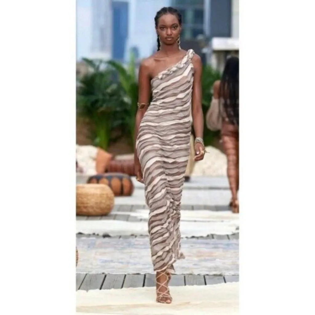 Bronx and Banco x REVOLVE Itza One Shoulder Dress S Black Striped Sheer Braided - Image 16