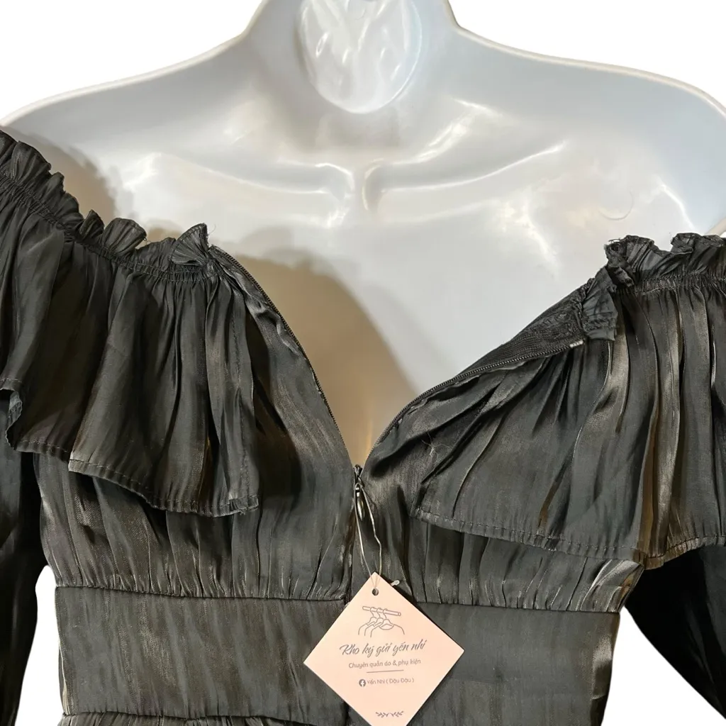 Vietnamese Mini Dress Off Shoulder Tiered Ruffle Long Sleeve Señorita Black Size XS - Image 9