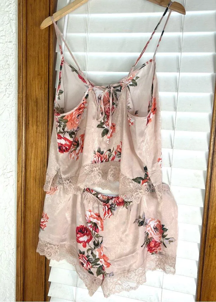 IN BLOOM By JONQUIL Floral Pajama Satin Lace Cami and Shorts Set Size XL Pink - Image 2