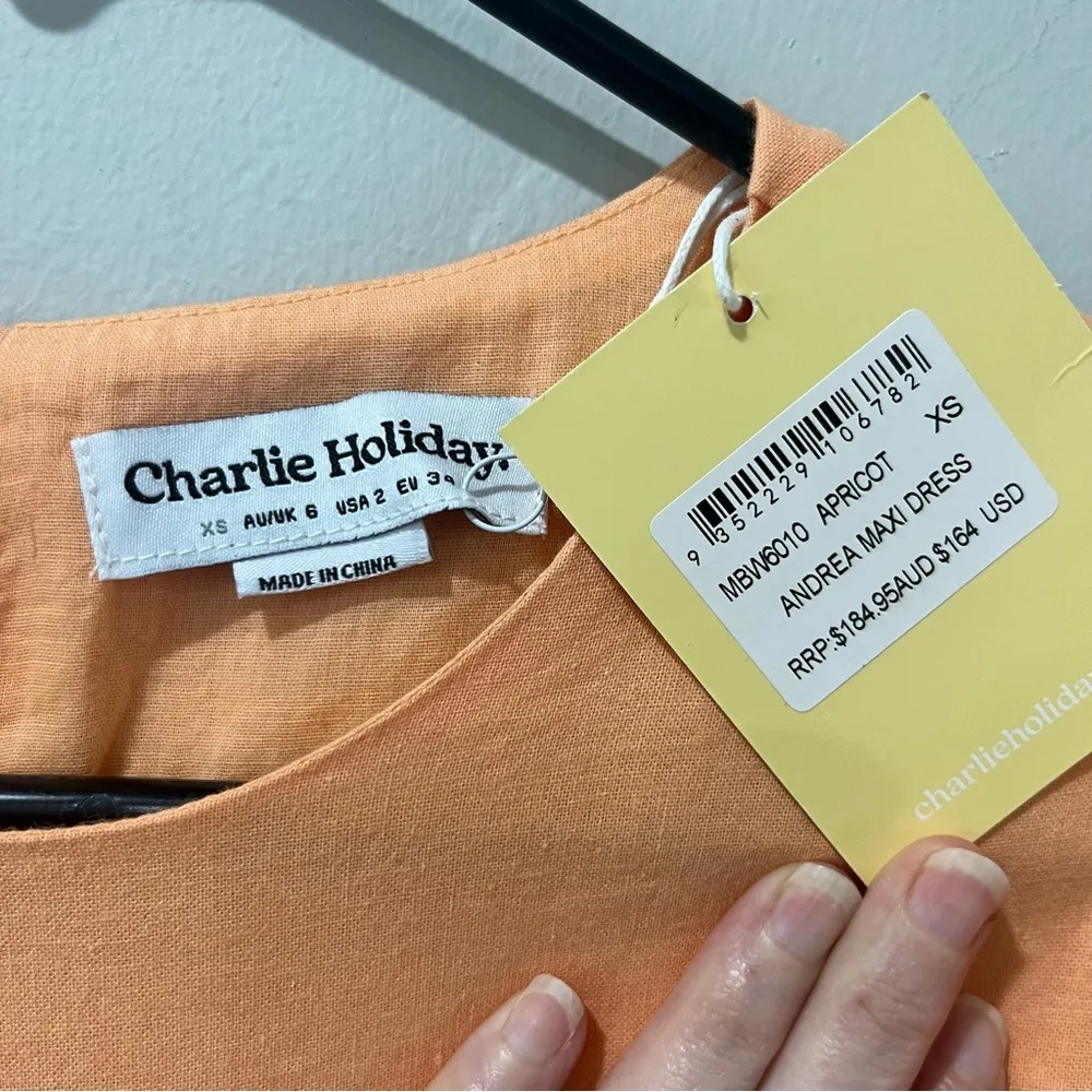 Charlie Holiday Andrea Maxi Size 2 Apricot Orange puffed Sleeves Gold Hoops - Image 7