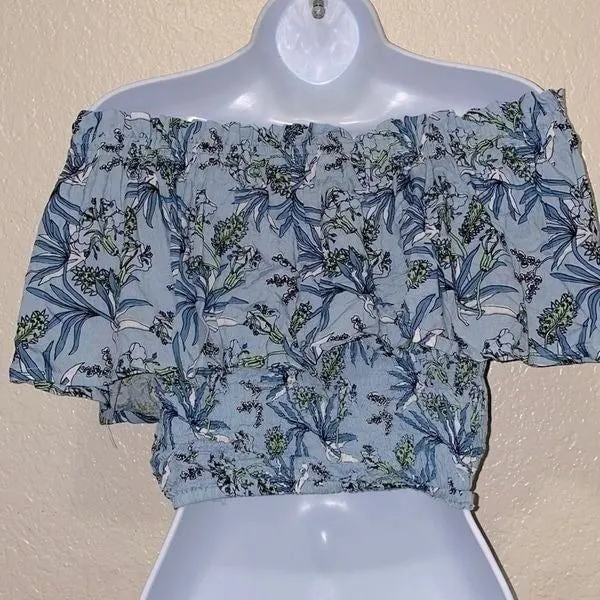 Tiare Hawaii Off Shoulder Floral Blue Smocked Crop Top O/S - Image 5