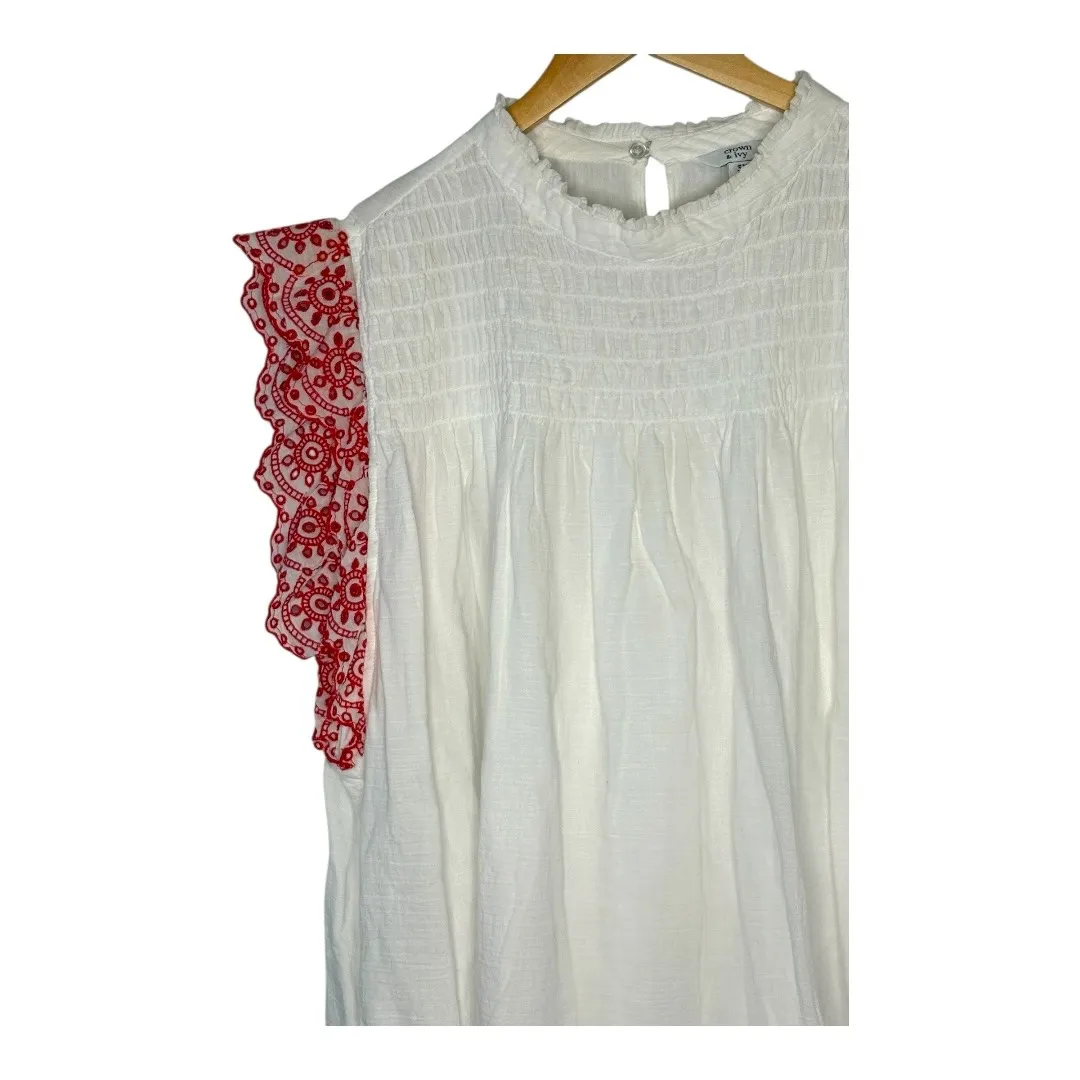 Crown‎ & Ivy Eyelet Top Smocked Ruffle White Red Cotton Women Plus Size 3X - Image 3