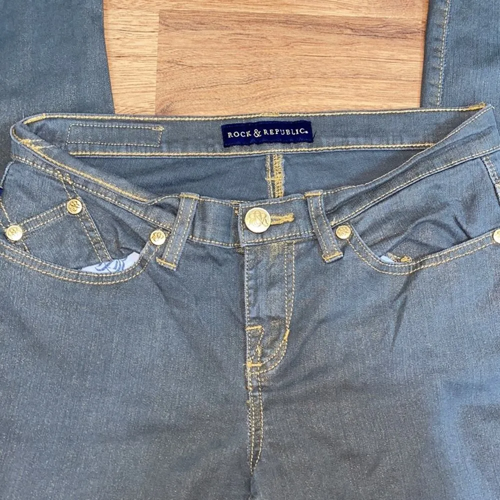 Rock & Republic New Money Berlin Skinny Denim Jeans EUC Sz 6 Gray Gold Cotton - Image 5
