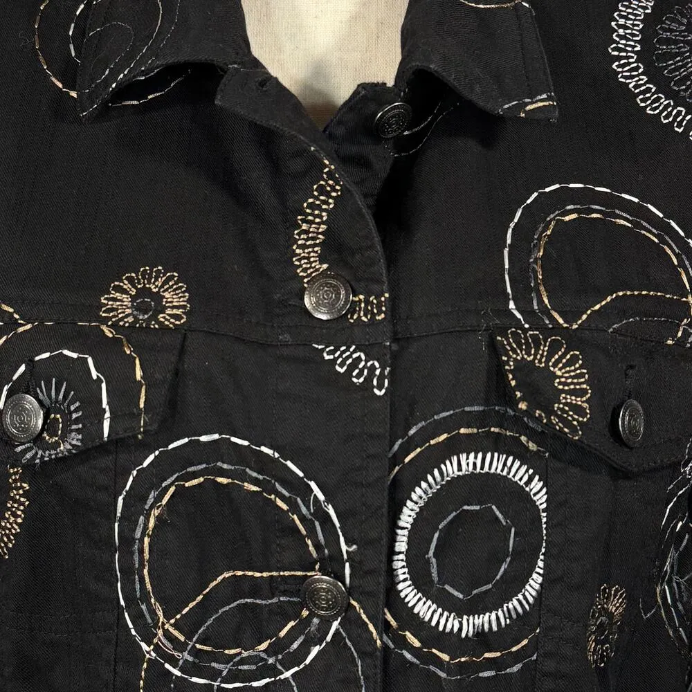 JM Collection SZ 14W Denim Jacket Geometric Embroidered Button-Up Pocket Stretch - Image 2