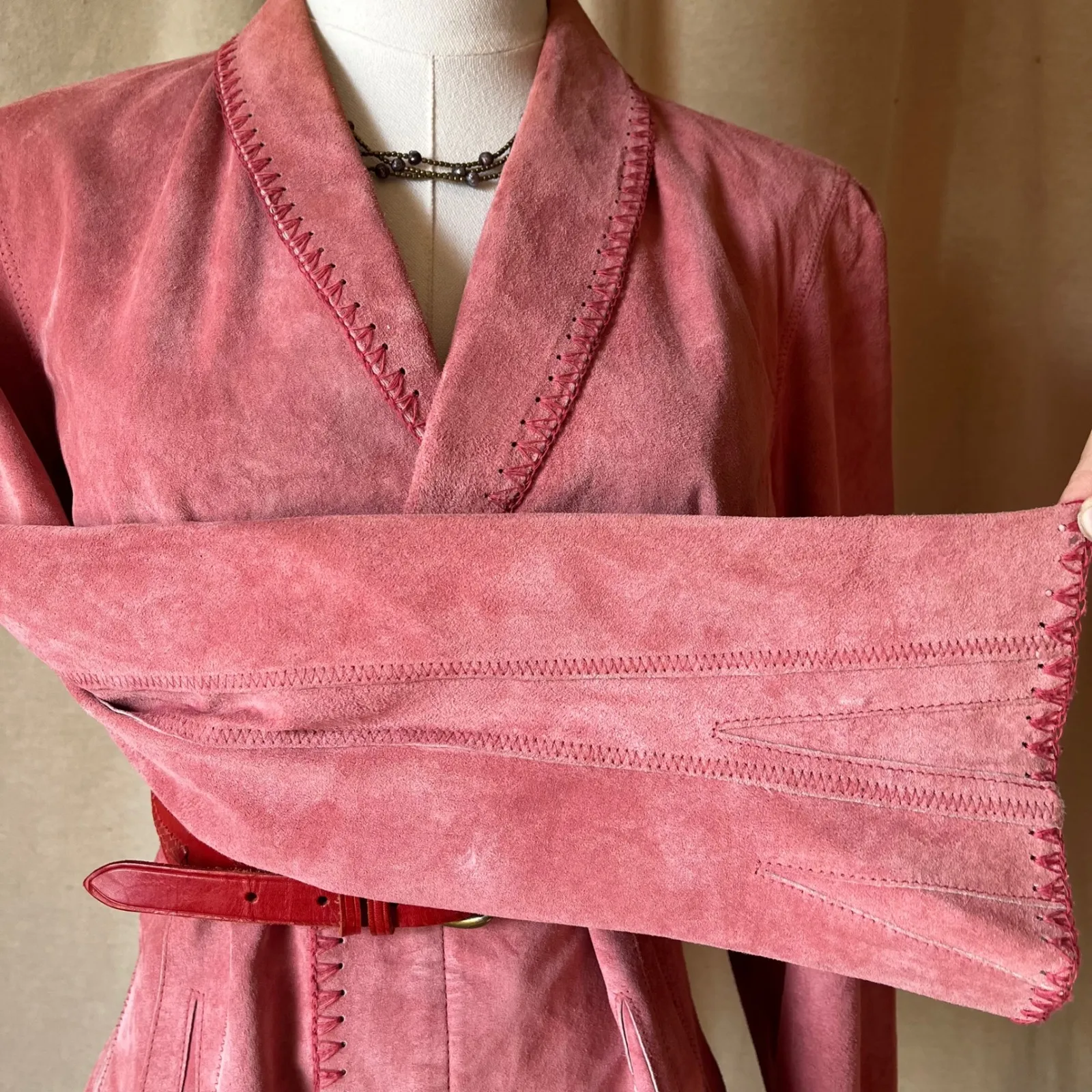 Vintage Pink Suede Peplum Jacket Whipstitch Detail 90s Feminine Fit Size‎ 8 - Image 4