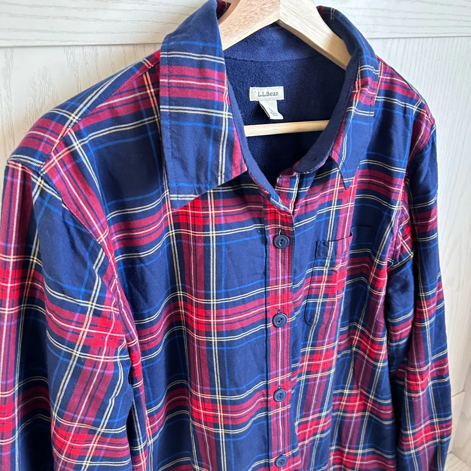 LL Bean Women Red Blue Plaid Flannel Fleece Lined Shirt Jacket Size Large Gorp - Image 8