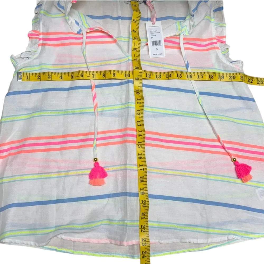 New Vineyard Vines Guava Multi Stripe Ruffle Popover Blouse Shirt White Large - Image 10