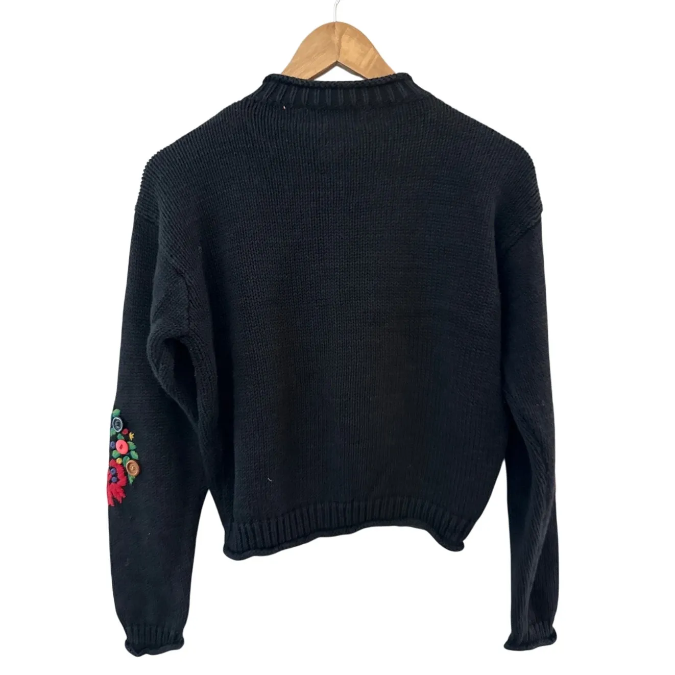 Vintage Thyme Santa Wreath Embroidered Button Christmas Sweater Size Medium Black - Image 3