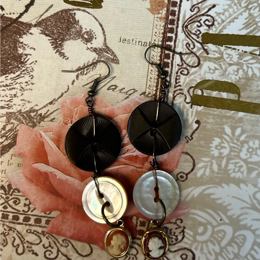 Hand Crafted Vintage Carved Shell Button and Cameo Earrings Black - Image 2