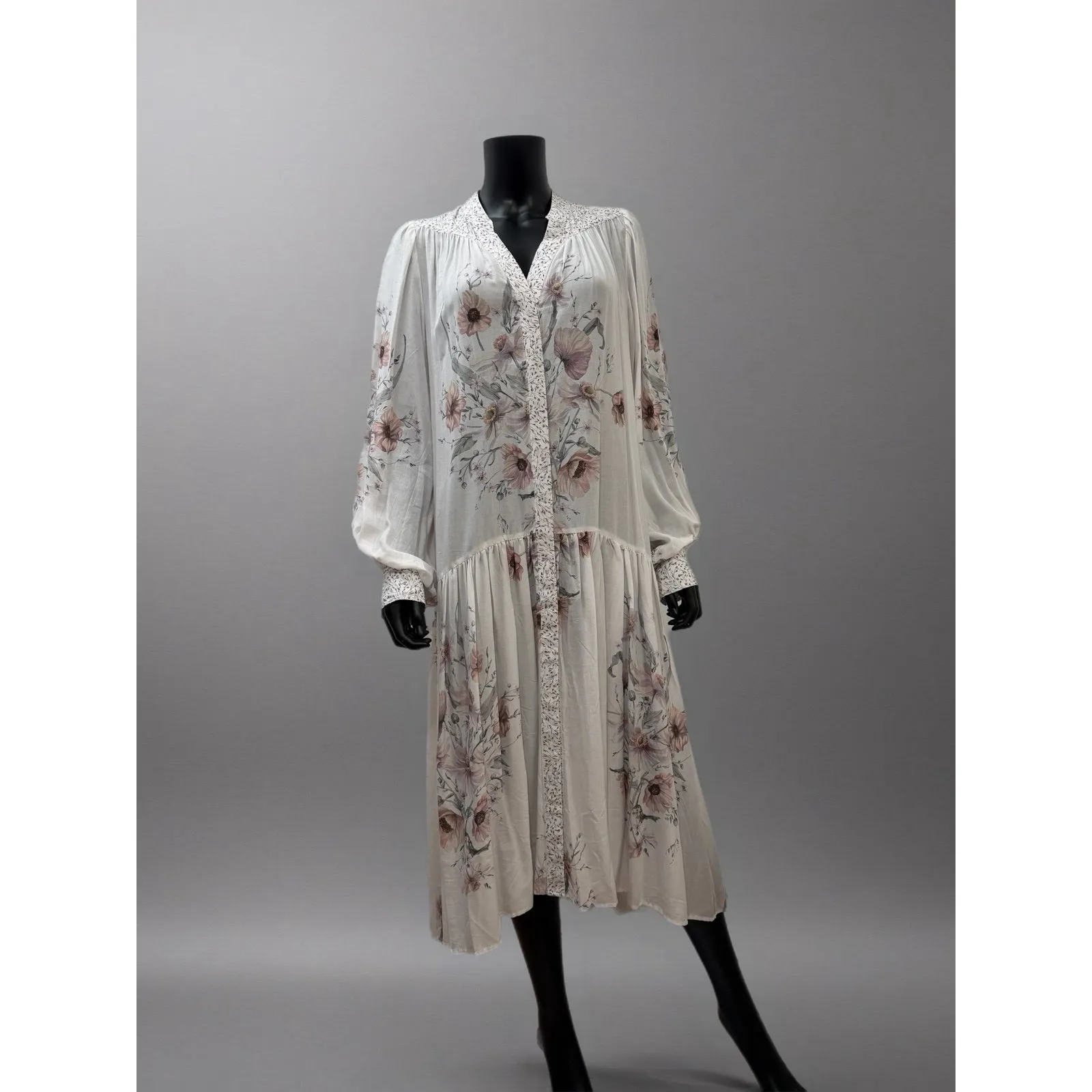 H&M Floral Boho‎ Midi Dress White Pink Long Sleeve Lyocell Viscose Size 4 NWT - Image 4
