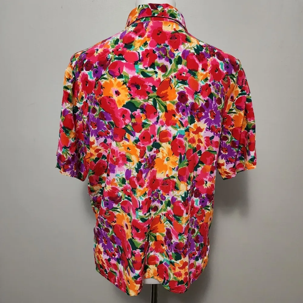 Vintage Sellecca 90s Multicolored Floral Silk Button Down Size 12 - Image 7