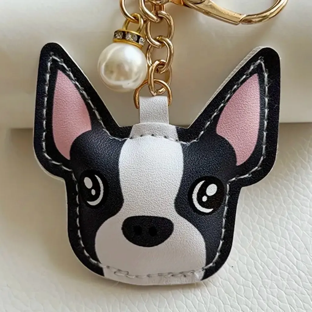 French Bulldog Keychain – Cute Dog Bag Purse Charm with Pearl – Black & White - Image 3