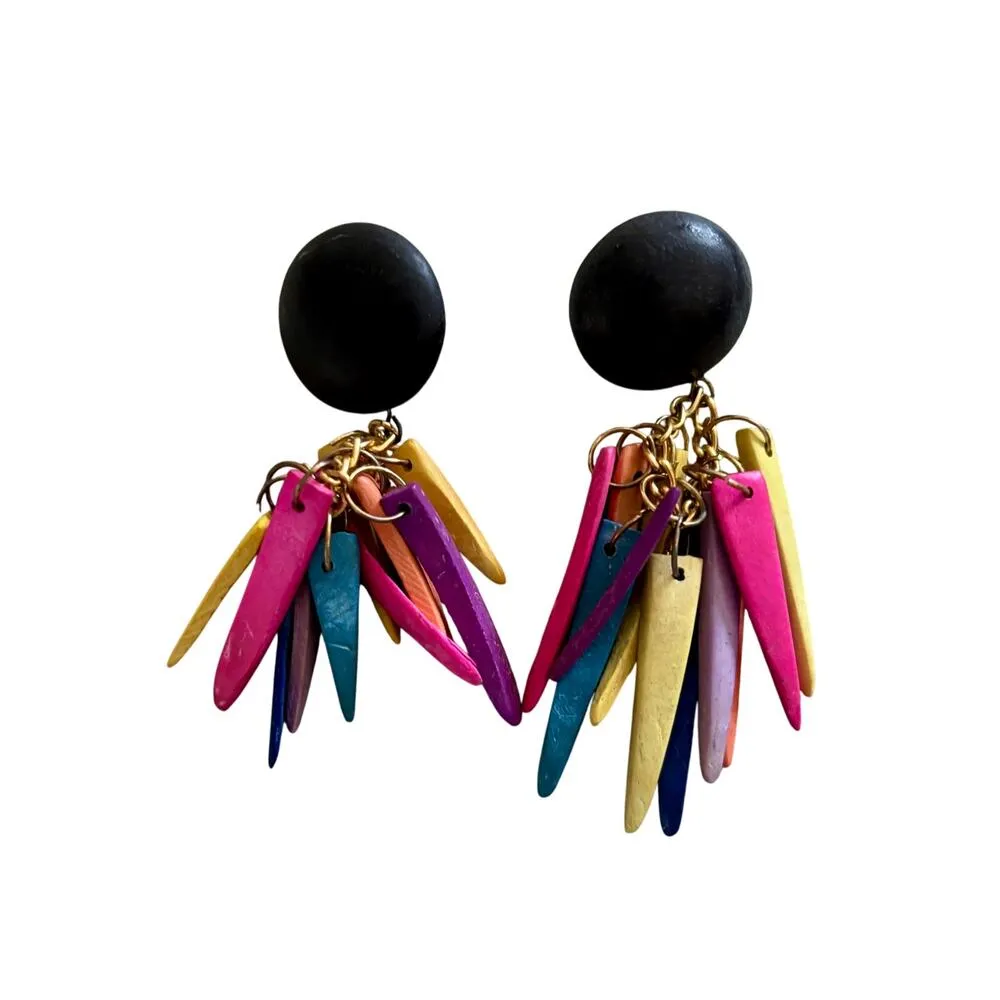 Vintage Hand Made Wooden Earrings Bohemian Colorful Dangle Pierced 4" long Black - Image 2