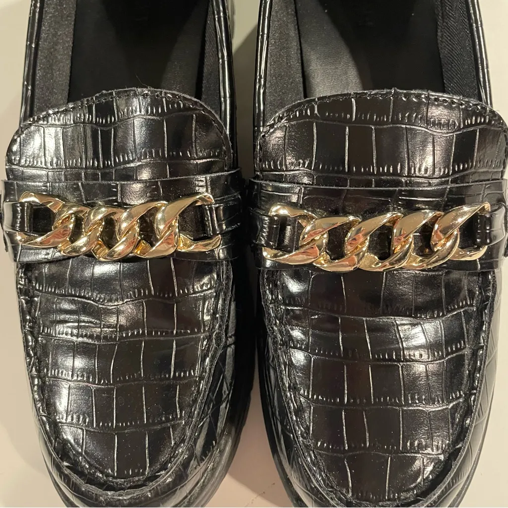 Old Navy Black Croc Faux Leather Loafers Chunky Heel Women’s 8.5 Street Style - Image 6