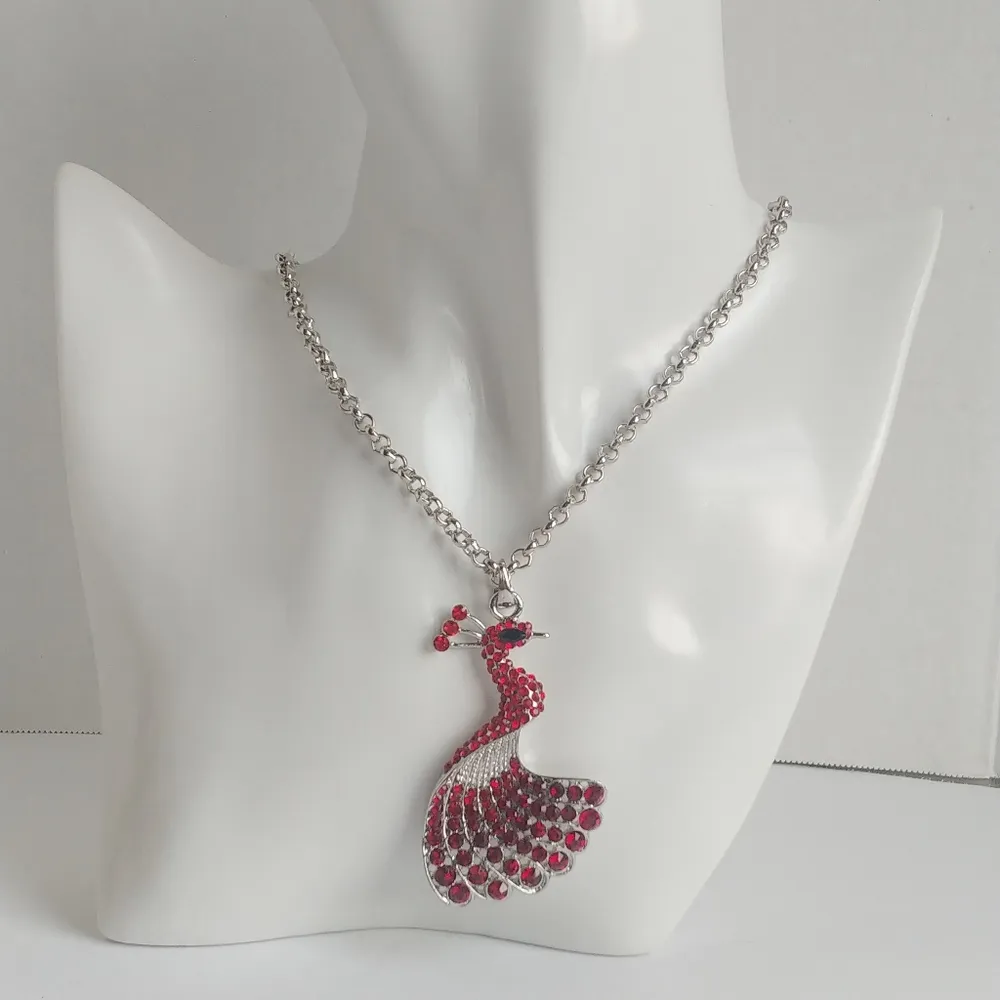 Red Crystal Peacock Pendant Necklace Silver - Image 3