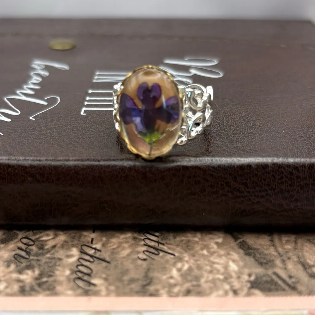 Purple Floral Pressed Flower Ring Adjustable Silver Band - Image 3