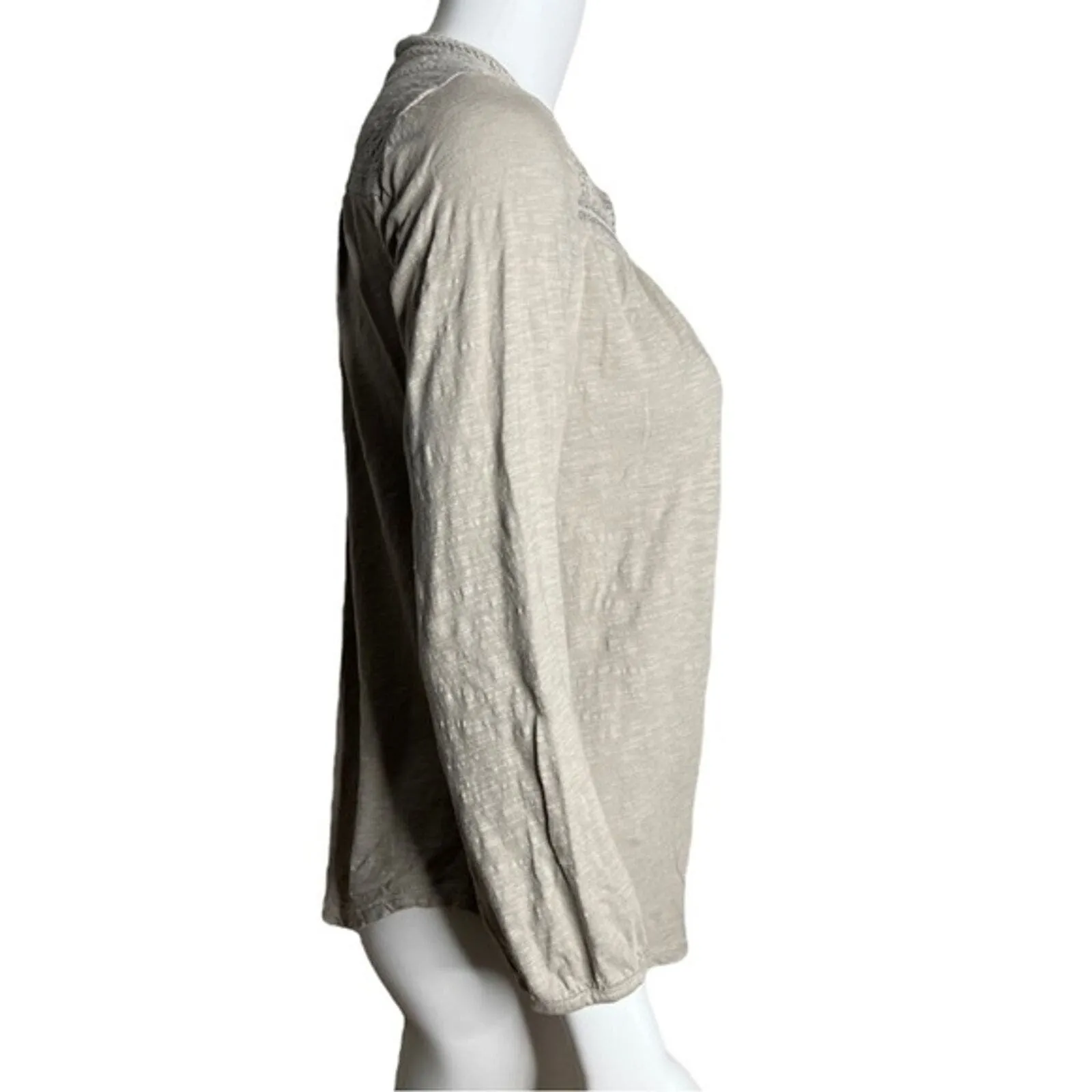 Lucky Brand Shirt Womens Small Tan Embroidered‎ Blouse Popover Bohemian Peasant - Image 2