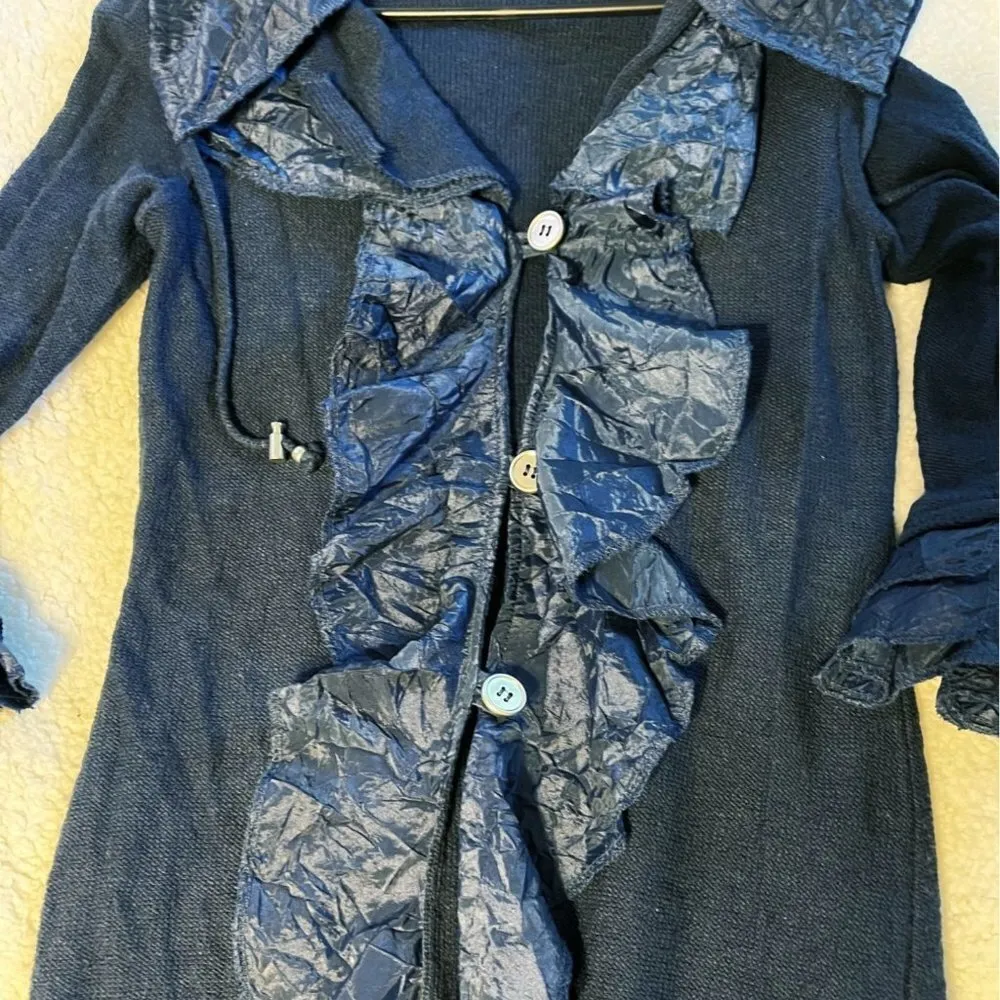 Puli Navy 3/4 Sleeve Ruffle Front Sweater Cardigan - Image 7