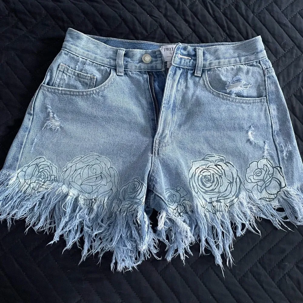 TVELVE printed denim fringe shorts Blue Size XS - Image 2