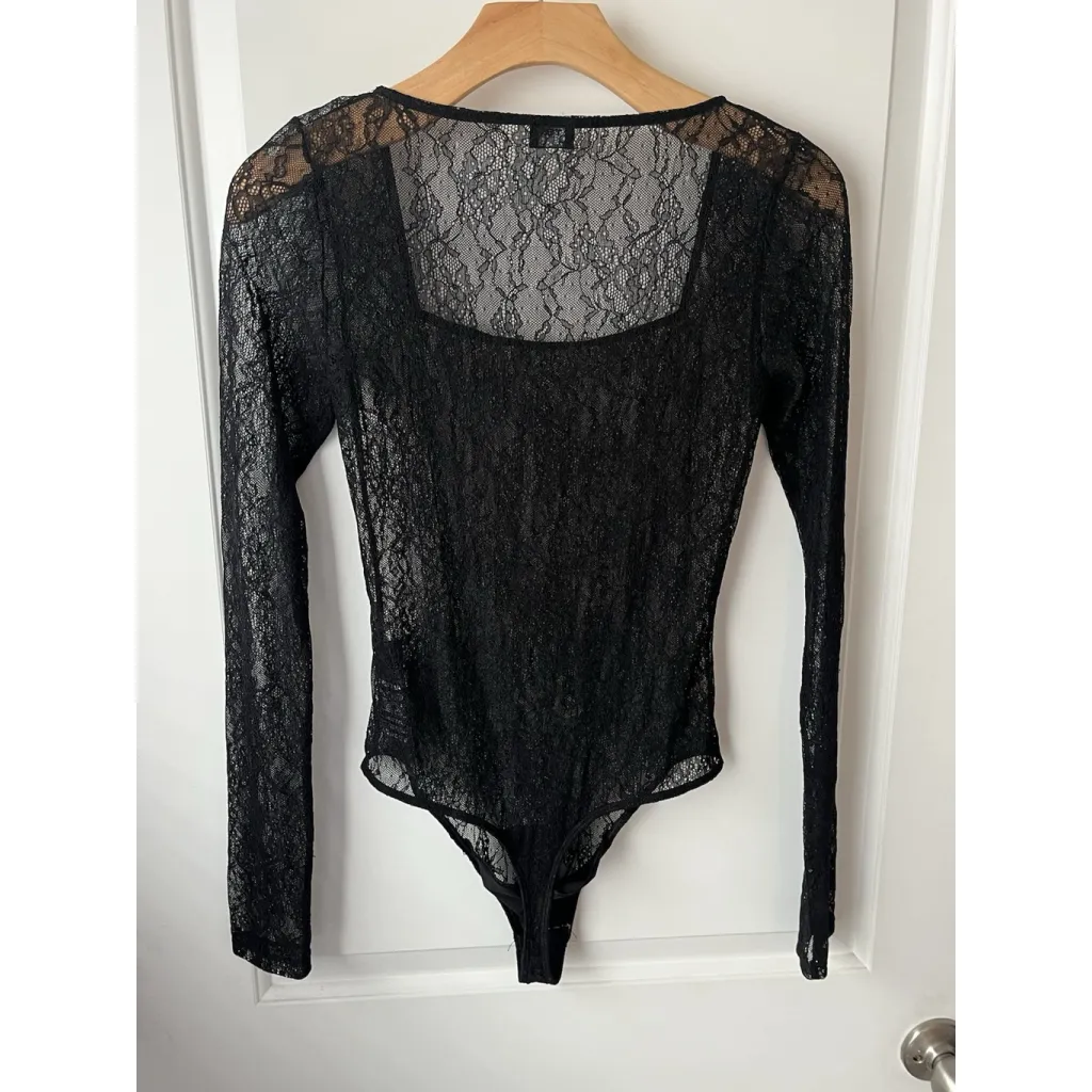 TEN By Aritzia Lace Bodysuit Top Womens S Black Long Sleeve Snap Square Neck - Image 10