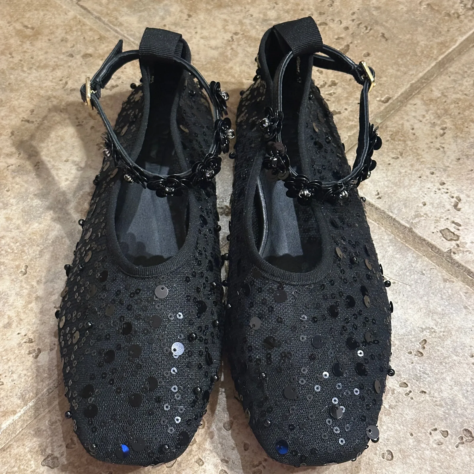 J.Crew Black Quinn Embellished Removable Ankle Strap Ballet Flat Sequin Mesh 8.5 - Image 2