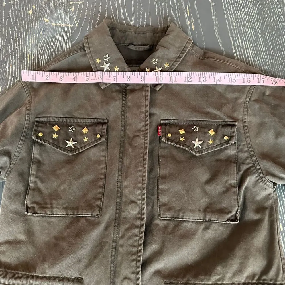 Levi's Women's XS Green Military Jacket Embroidered Gold Stud Accents Cotton - Image 14