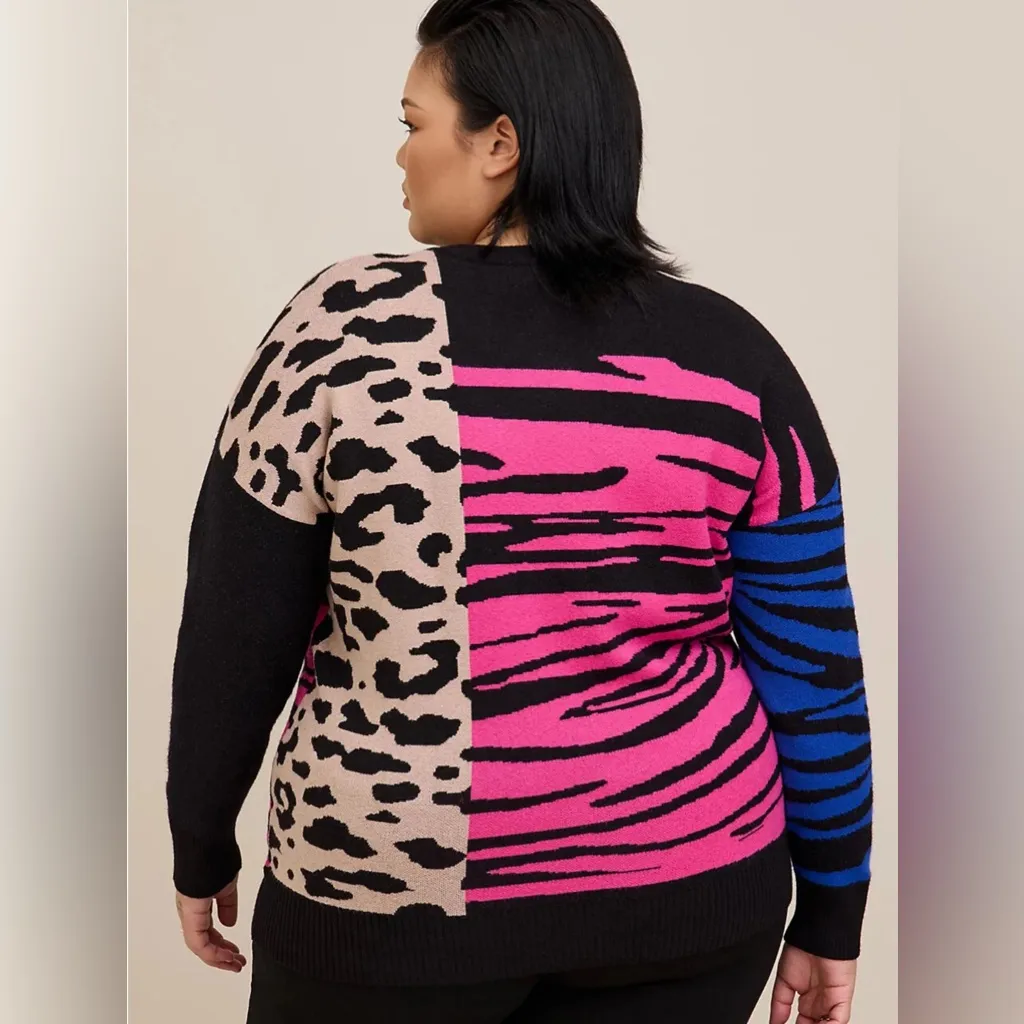 Torrid Colorblock Zebra Leopard Print Sweater Black Pink Blue Size 1 (14/16) - Image 3