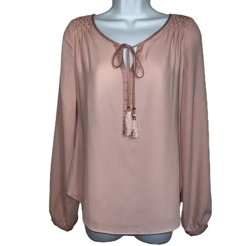 WHITE HOUSE BLACK MARKET Ballerina Pink Peasant Lattice L/S Tassel‎ Blouse NWT 0 - Image 2